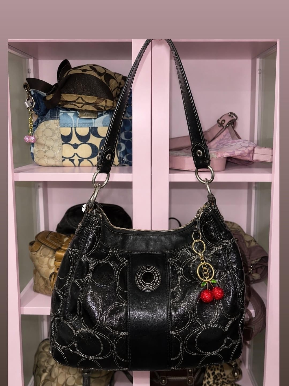 Vintage Coach Black Leather Shoulder Bag with Red Cherry Charm